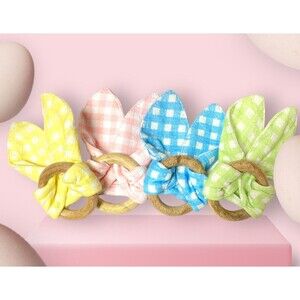 4 Spring Pastel Easter Plaid Bunny Ears Napkin Rings Holiday Table Decor New